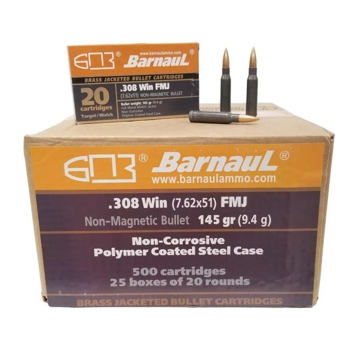 Barnaul .308 Win Rifle Ammo - 145 Grain | FMJ - Brass Jacketed | Steel Casing | 500rd Case